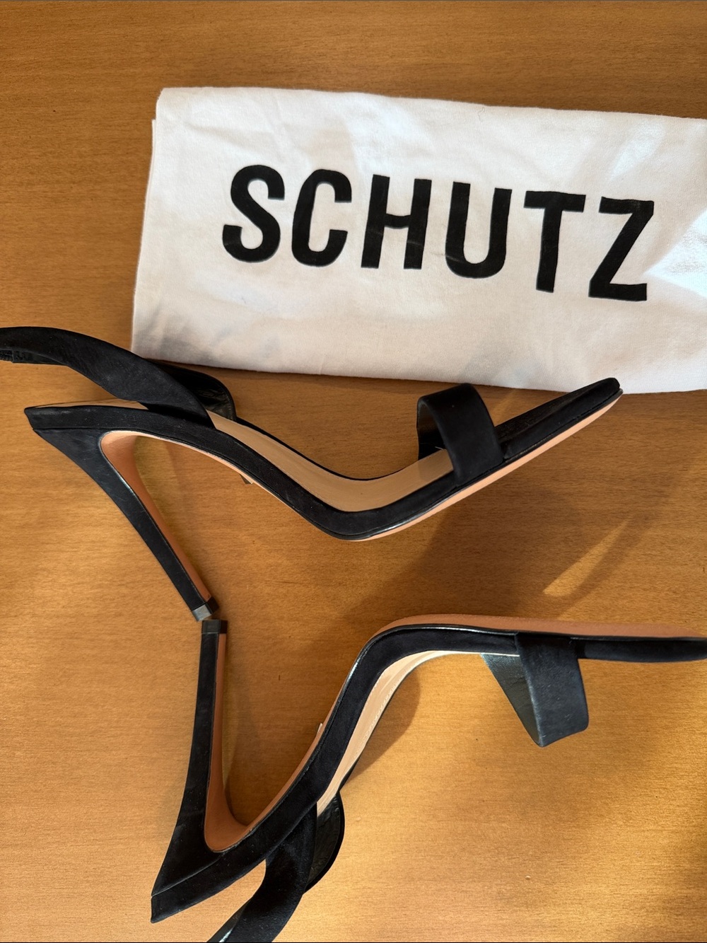 SCHUTZ Black Suede Open-Toe Slingback Heels - Picture 12 of 14